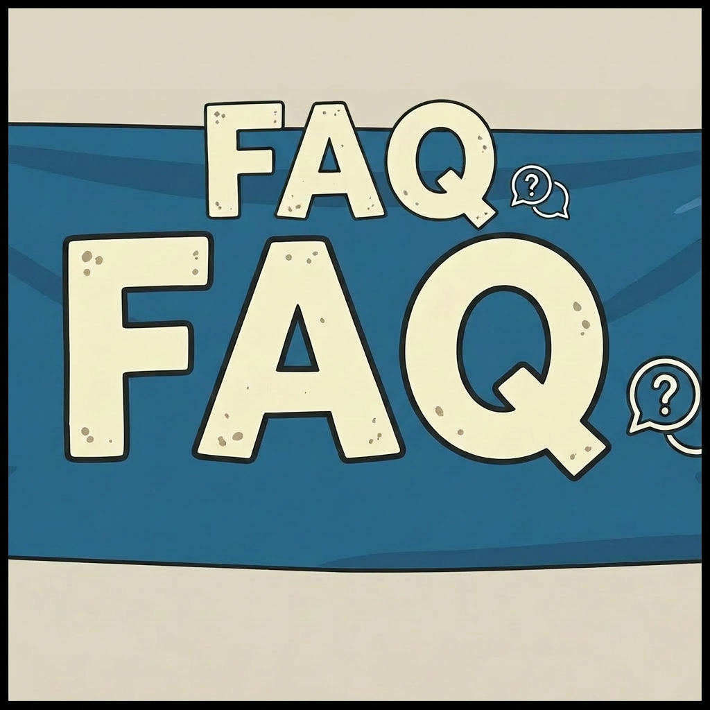 Team discussion in modern office FAQ context Four colleagues sitting at a table with laptops and notebooks in a modern office space under a Frequently Asked Questions banner